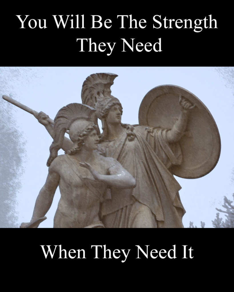 A picture of a statue of the Greek Goddess Athena protecting a young hero